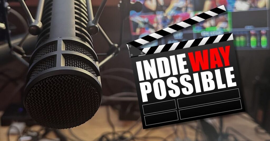 IndieWay Possible logo with clacker and podcast studio microphone